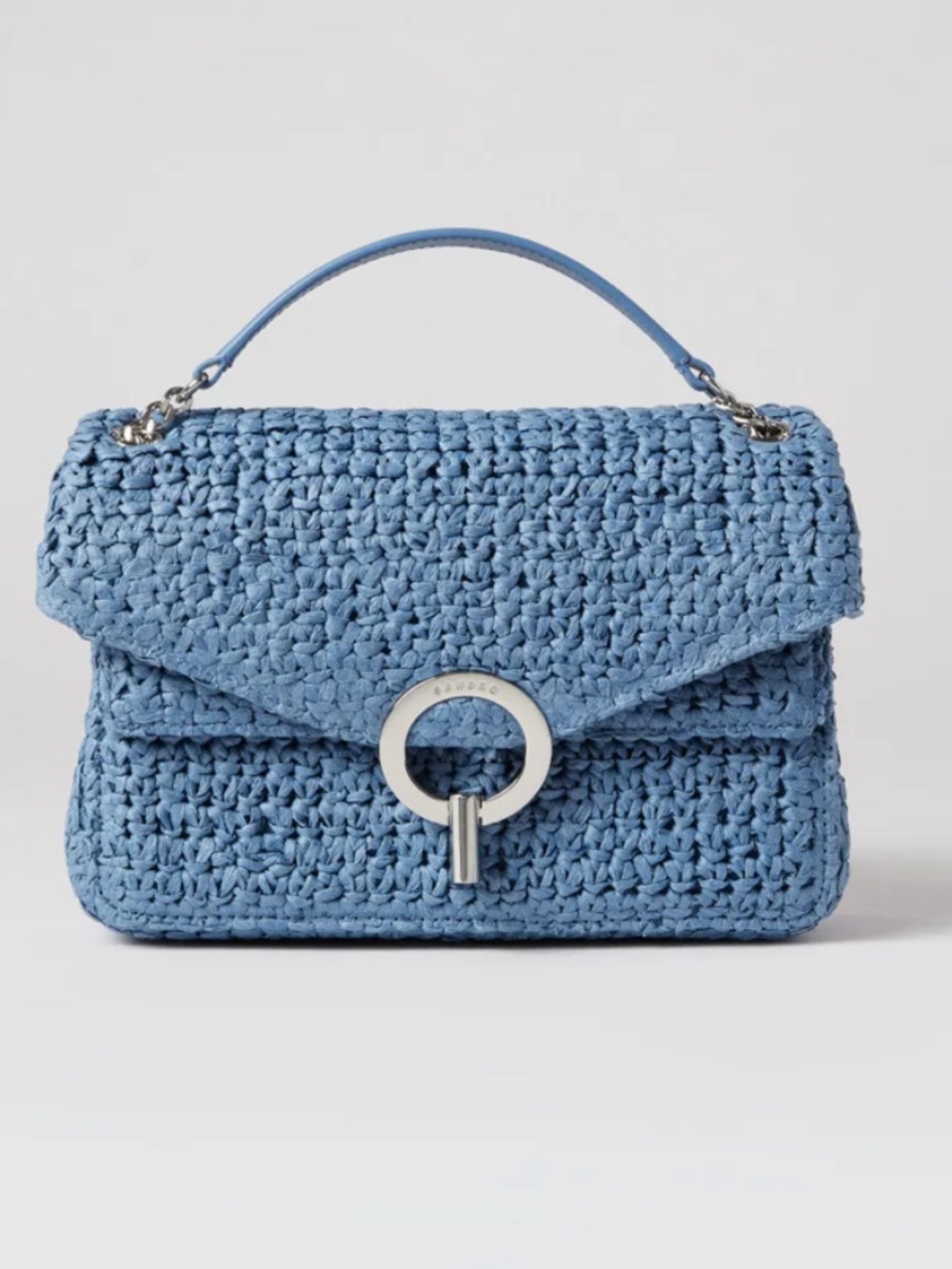 Sandro Raffia YZA Blue Woven Shoulder Bag with Chain Strap